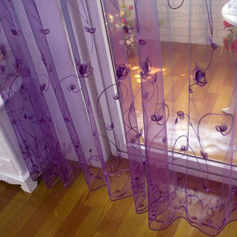 European Window Purple Rose Embroidered Bedroom Curtains